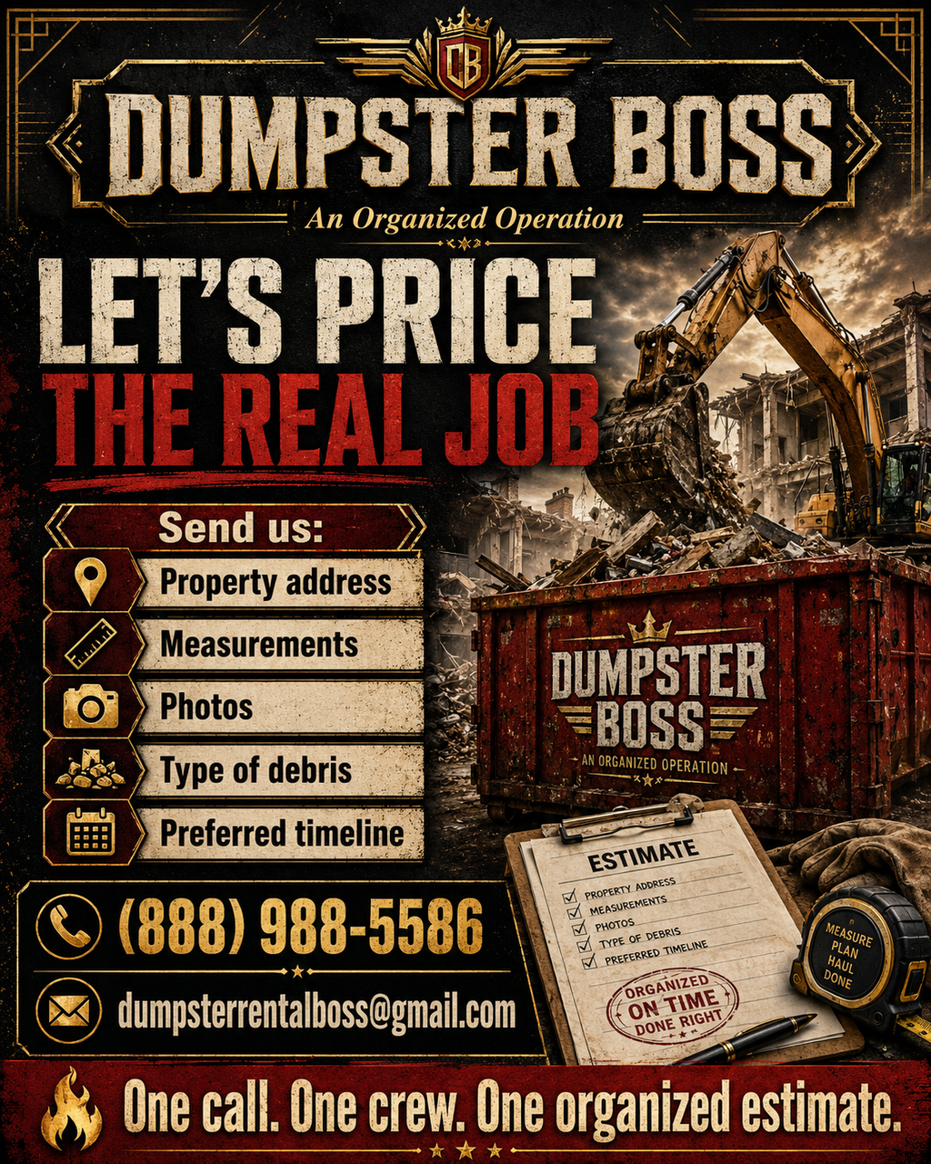A promotional flyer for 'Dumpster Boss' offering real job services for residential dumpsters Wyoming. The flyer features a dark, gritty background with an excavator working on a pile of debris, a large red dumpster branded with 'DUMPSTER BOSS', and various text boxes outlining the service process, including sending property address, measurements, photos, and type of debris.